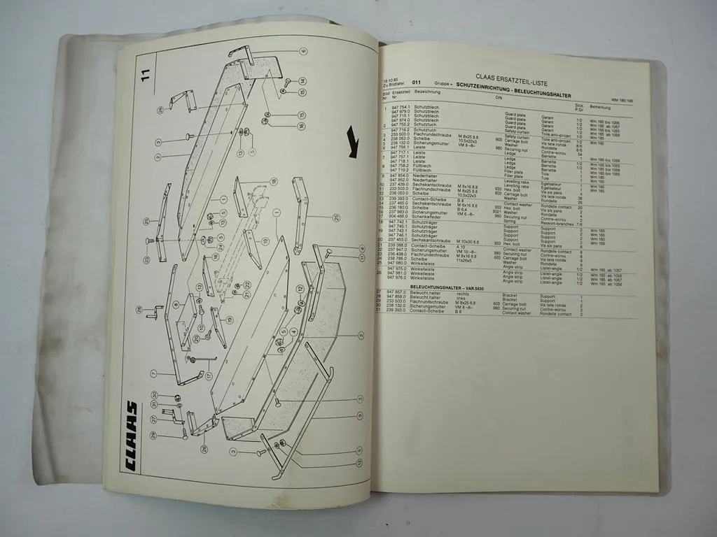 Claas WM 185 165 Mähwerk Ersatzteilliste Spare Parts List 1985