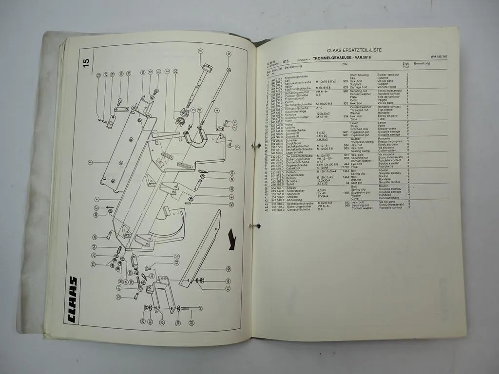 Claas WM 185 165 Mähwerk Ersatzteilliste Spare Parts List 1986