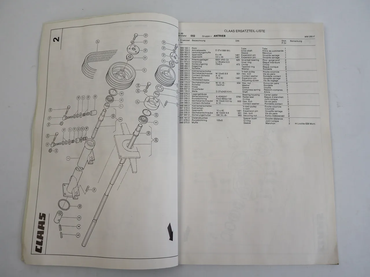 Claas WM290F Wirbelmähwerk Ersatzteilliste Spare Parts List 1990