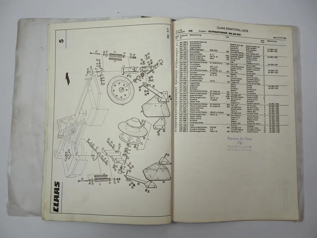 Claas WM31F Mähwerk Ersatzteilliste Spare Parts List 1985