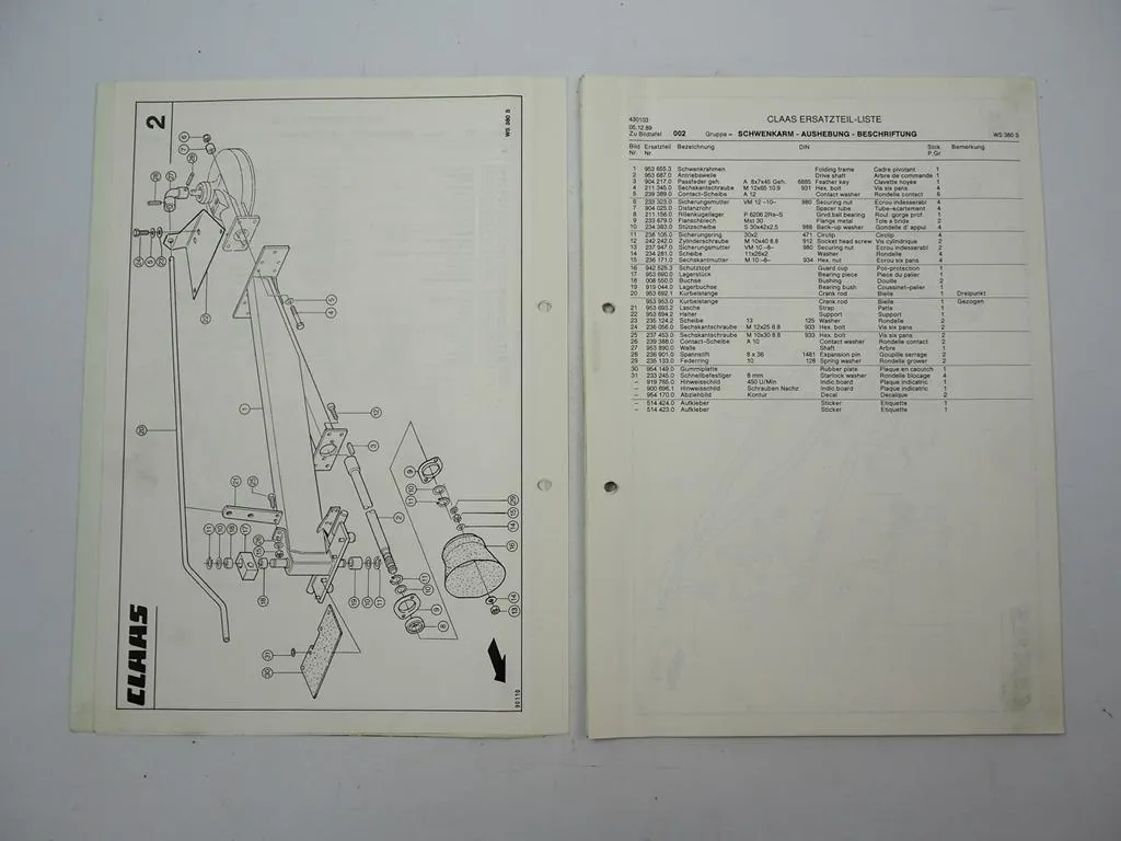 Claas WS 380 380S Schwader Ersatzteilliste Spare Parts List 1990