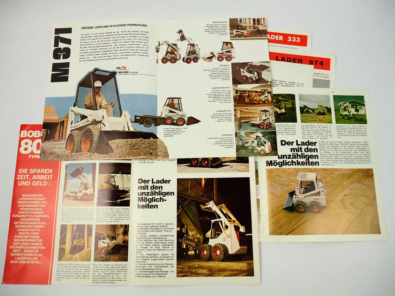 Clark Bobcat M371 533 600 700 800 974 Lader Bauarbeiten 7x Prospekt 1970er Jahre