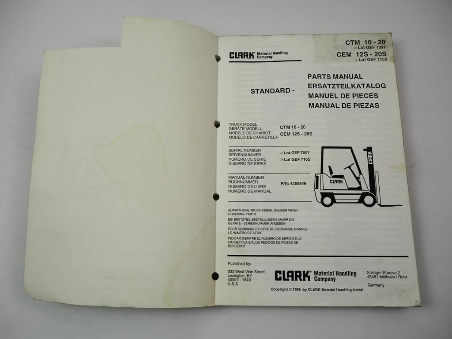 Clark CTM 10 20 CEM 12S 20S Gabelstapler Ersatzteilliste Parts List 1998