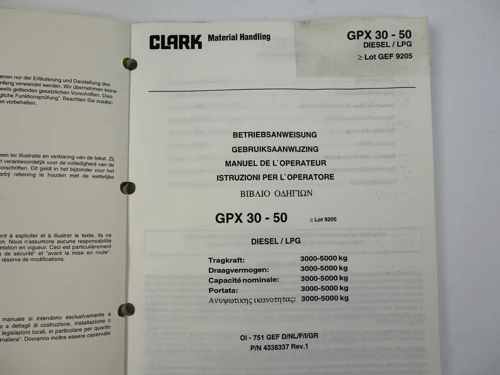Clark GPX 30 35 40 50 Stapler Bedienungsanleitung Ersatzteilliste 1996