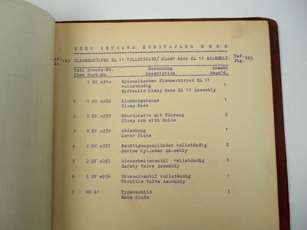 Clark Ruhr Intrans KL11 KL13 HS11 HS1 Stapler Vorsatzgeräte Ersatzteilliste 1950