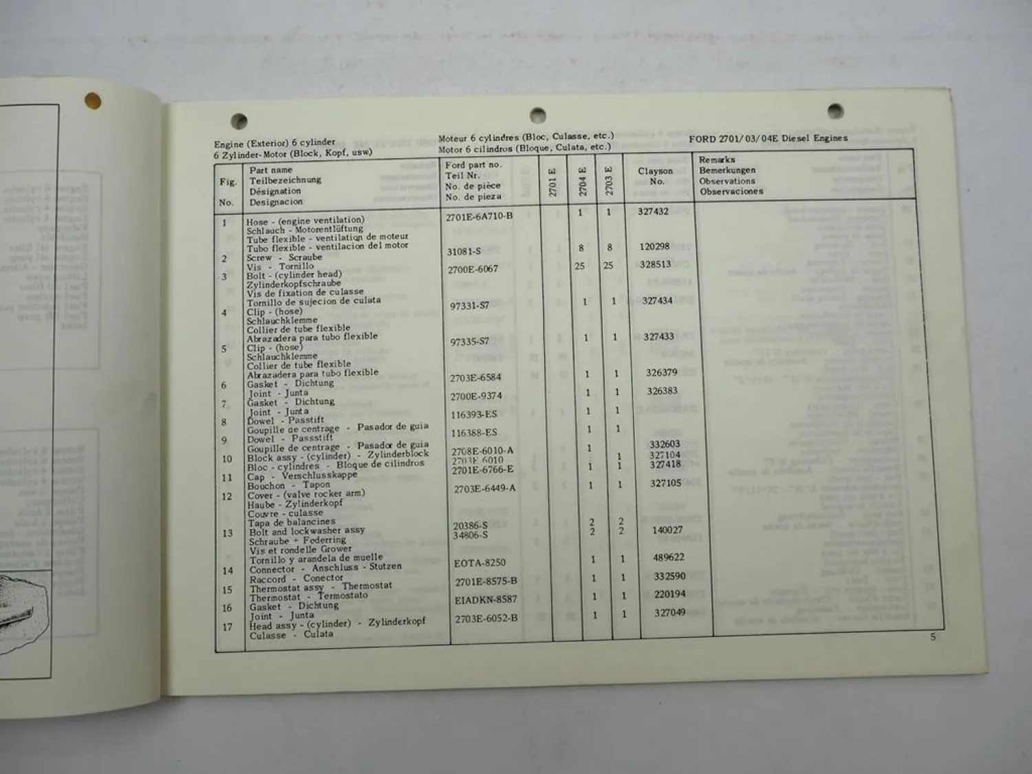 Clayson Ford 2700 2701E 2703E 2704E Dieselmotor Ersatzteilliste 1968