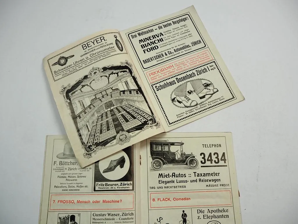 Corso Theater Zürich Programm 2x Spielplan ca 1912 Direktion Julius Grauaug