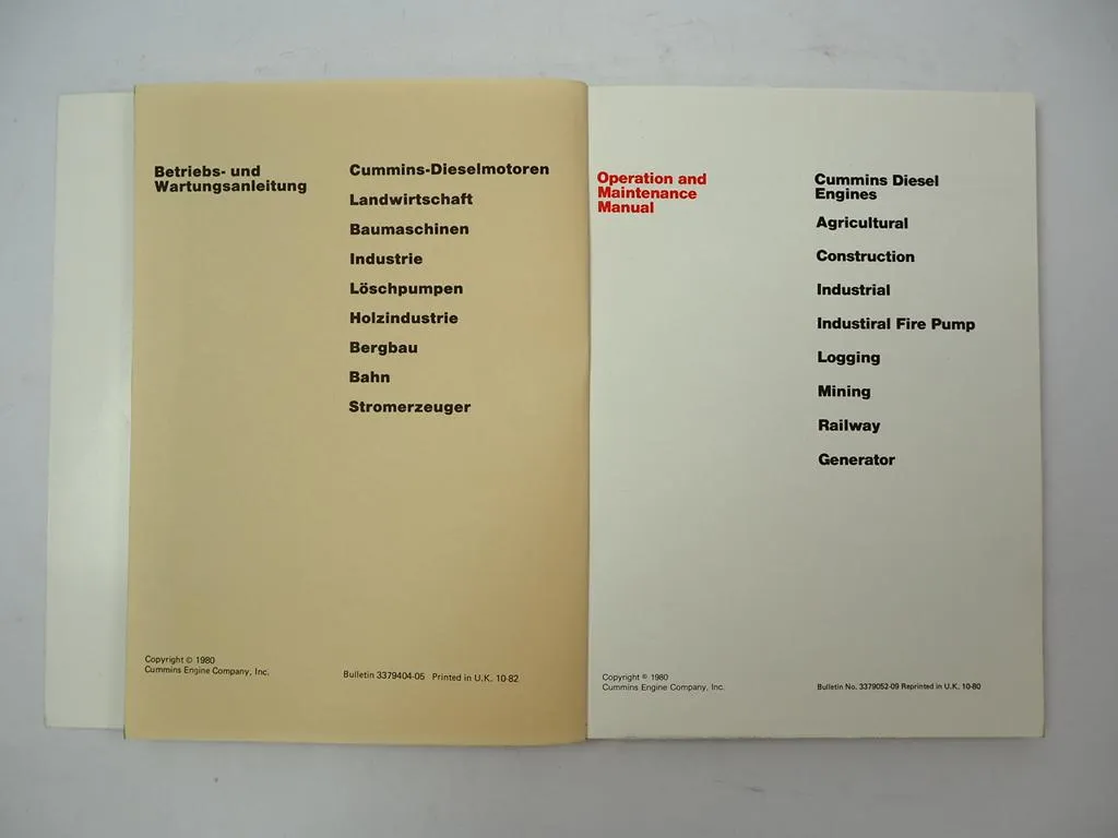 Cummins Dieselmotoren Industrie Baumaschinen Betriebsanleitung Operation Manual