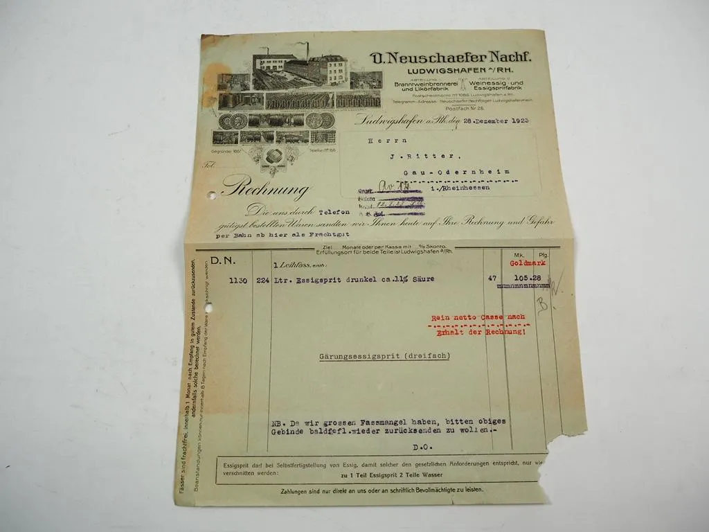 D. Neuschaefer Nachf. Likörfabrik Essigfabrik Ludwigshafen Rechnung 1923