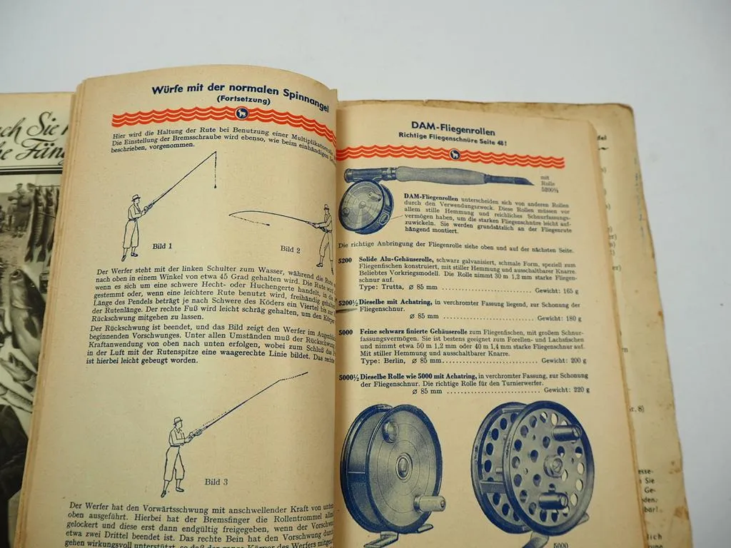 DAM Damyl Angelkatalog 1952 Angelrollen Ruten Blinker
