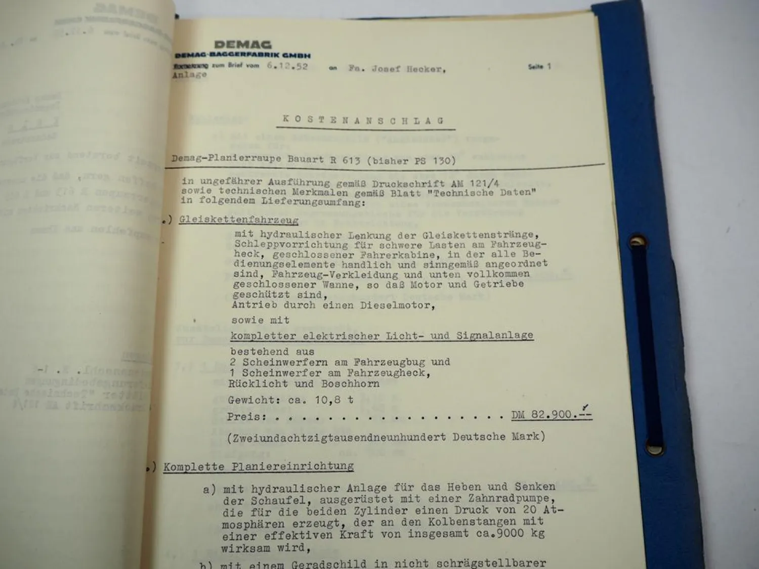 Demag R613 R609 Planierraupe Anschreiben & Kostenvoranschlag 1952