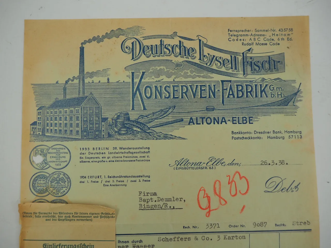 Deutsche Lysell Fisch Konserven Fabrik GmbH Hamburg Altona Rechnung 1938