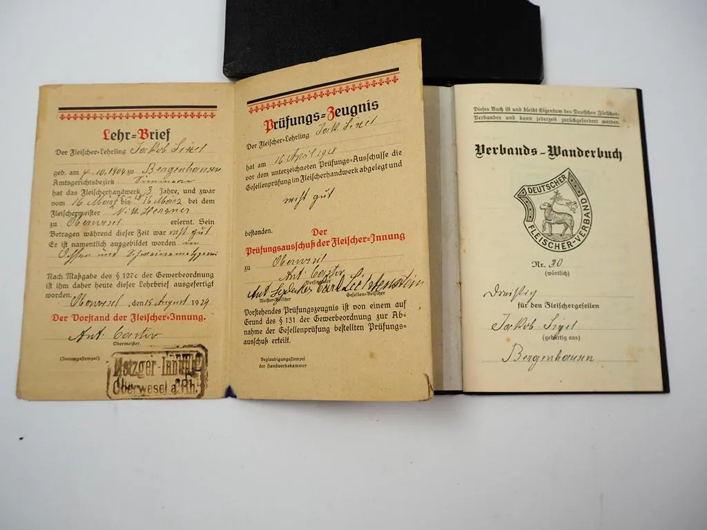 Deutscher Fleischer Verband Lehrbrief & Wanderbuch 1929 Bergenhausen Simmern