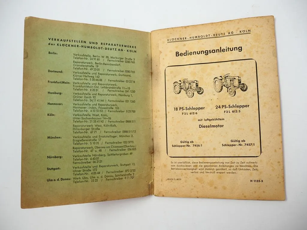 Deutz 18 24 PS Schlepper F2L 612 /6 /5 Betriebsanleitung Bedienung 1955