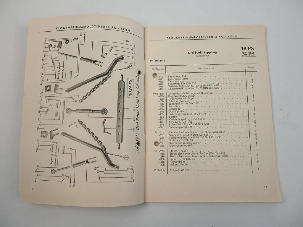 Deutz 18 PS - 60 PS Schlepper Hydraulik 3 Punkt Kupplung Ersatzteilliste