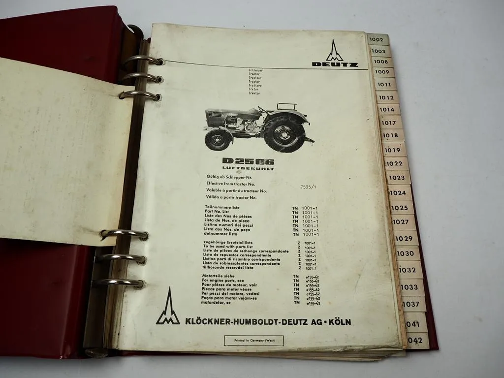 Deutz D 2506 Schlepper Ersatzteilliste Teilenummernliste 1968 - 1969 TN1001-1