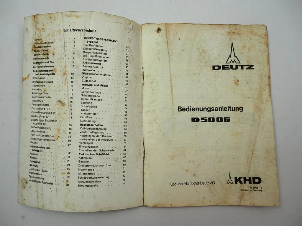 Deutz D5006 Traktor Betriebsanleitung Bedienungsanleitung ca. 1968