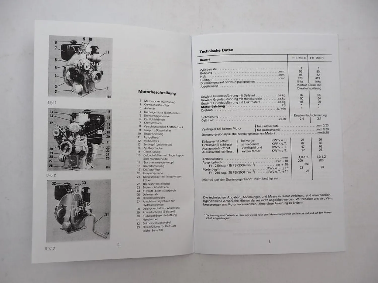 Deutz F1L 208D F1L 210D Motor Bedienungsanleitung Betriebsanleitung