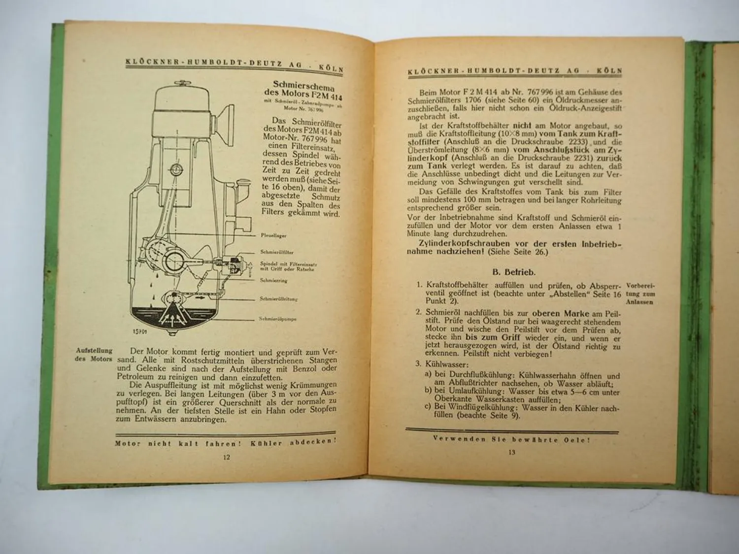 Deutz F1M F2M 414 Dieselmotor Betriebsanleitung Ersatzteilliste 1949