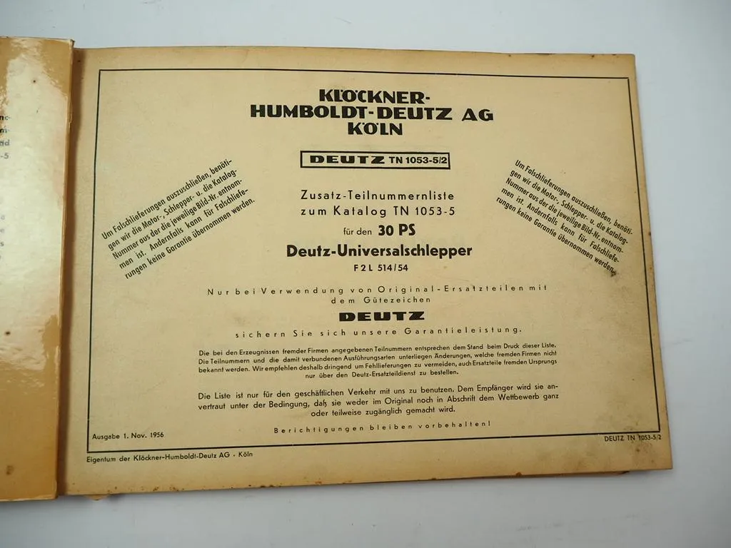 Deutz F2L 514/54 Schlepper 30 PS Ersatzteilkatalog Zusatz 1956/58 TN1053-5/2