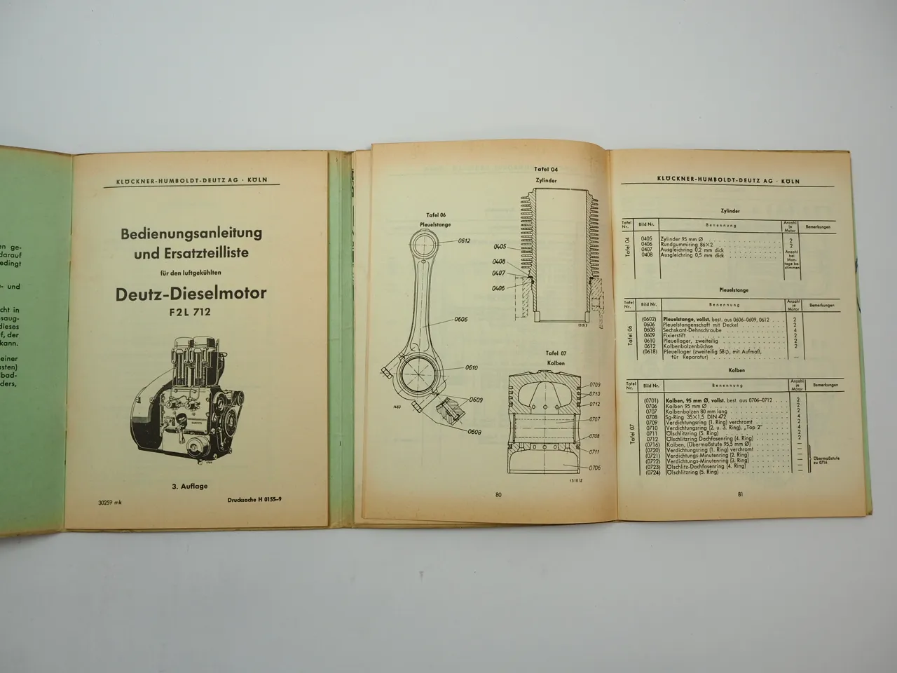 Deutz F2L 712 Dieselmotor Bedienungsanleitung Ersatzteilliste 1958