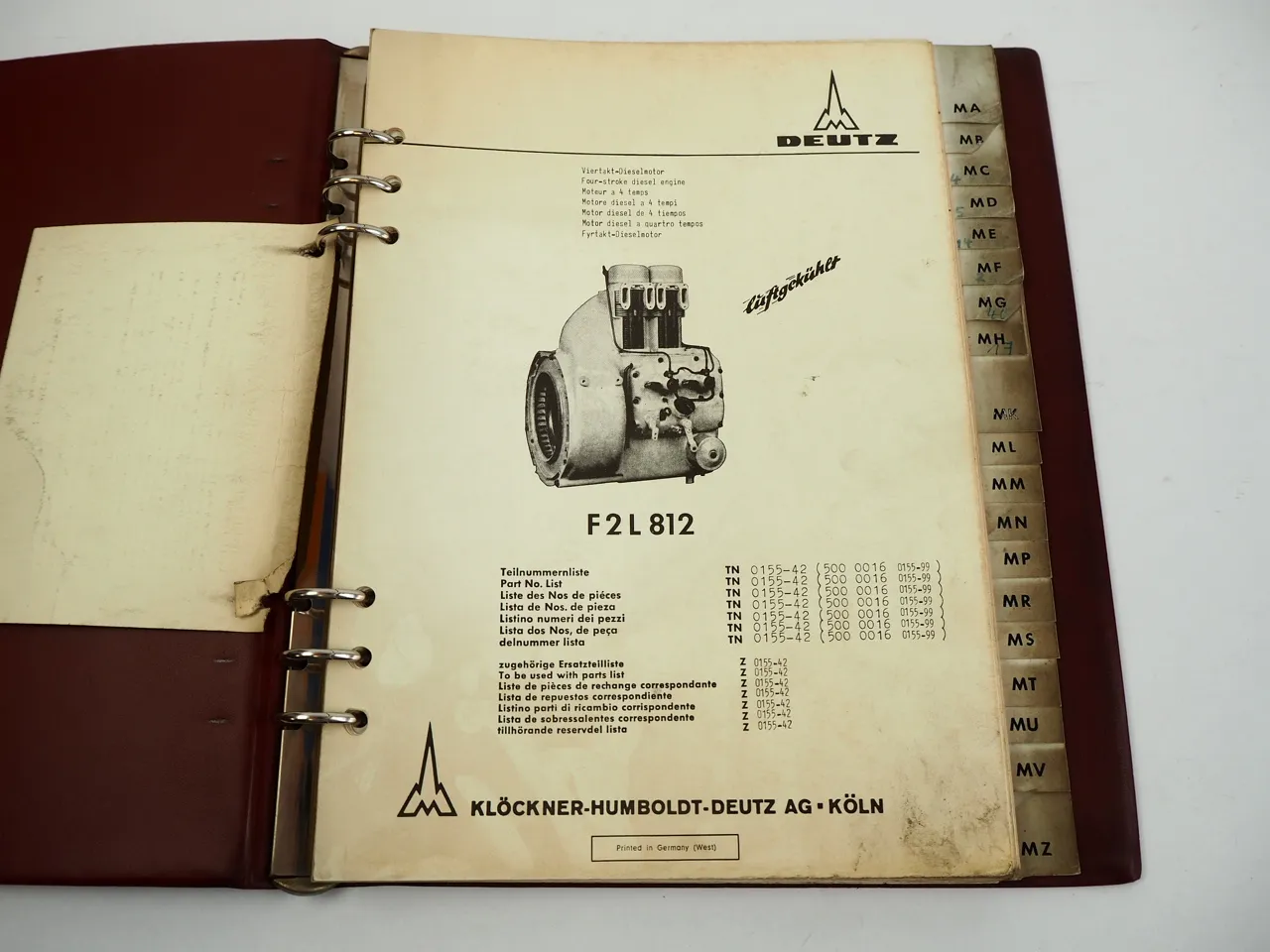 Deutz F2L 812 Motor für D25.2 D30 Ersatzteilliste Teilenummern 1973 TN0155-42