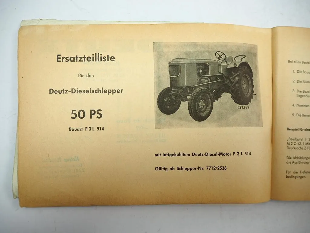 Deutz F3L 514 Schlepper 50 PS Ersatzteilliste Spare Parts List 1965