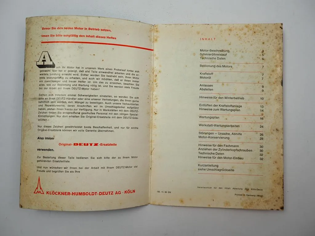 Deutz F3L F4L F6L 911 912 Bedienungsanleitung Betriebsanleitung 1968
