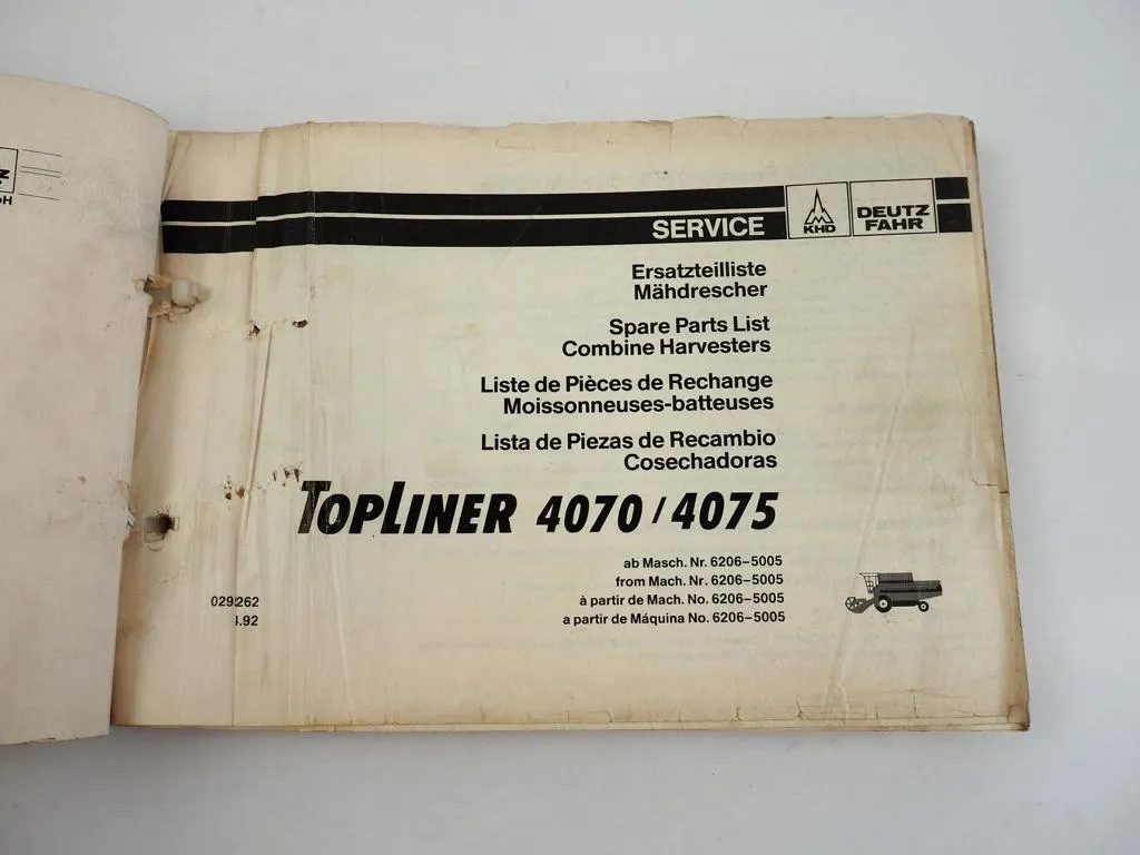 Deutz Fahr Topliner 4070 4075 Mähdrescher Ersatzteilliste Parts List 1992