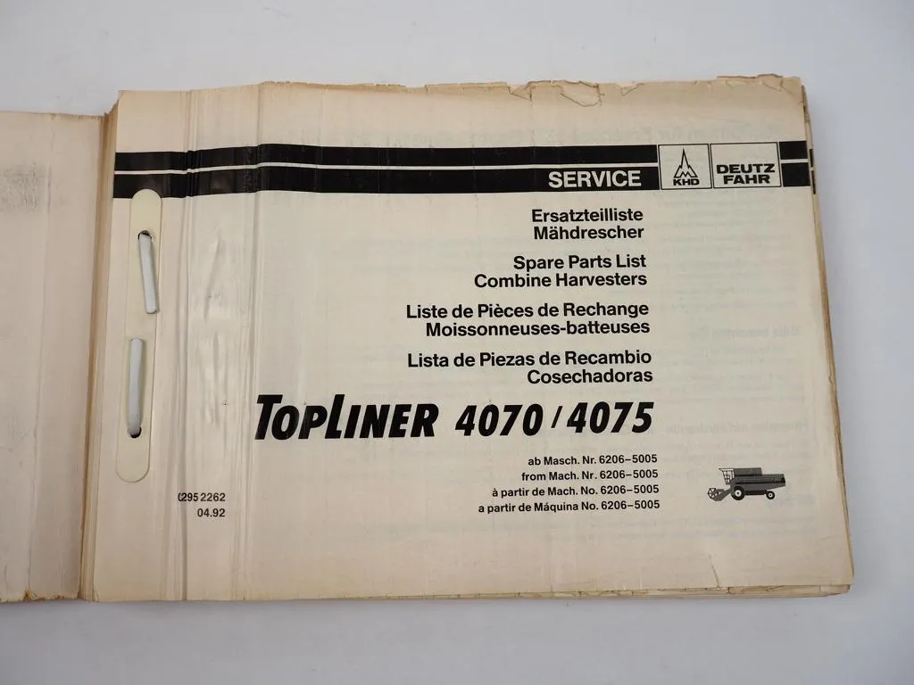 Deutz Fahr Topliner 4070 4075 Mähdrescher Ersatzteilliste Spare Parts 1992