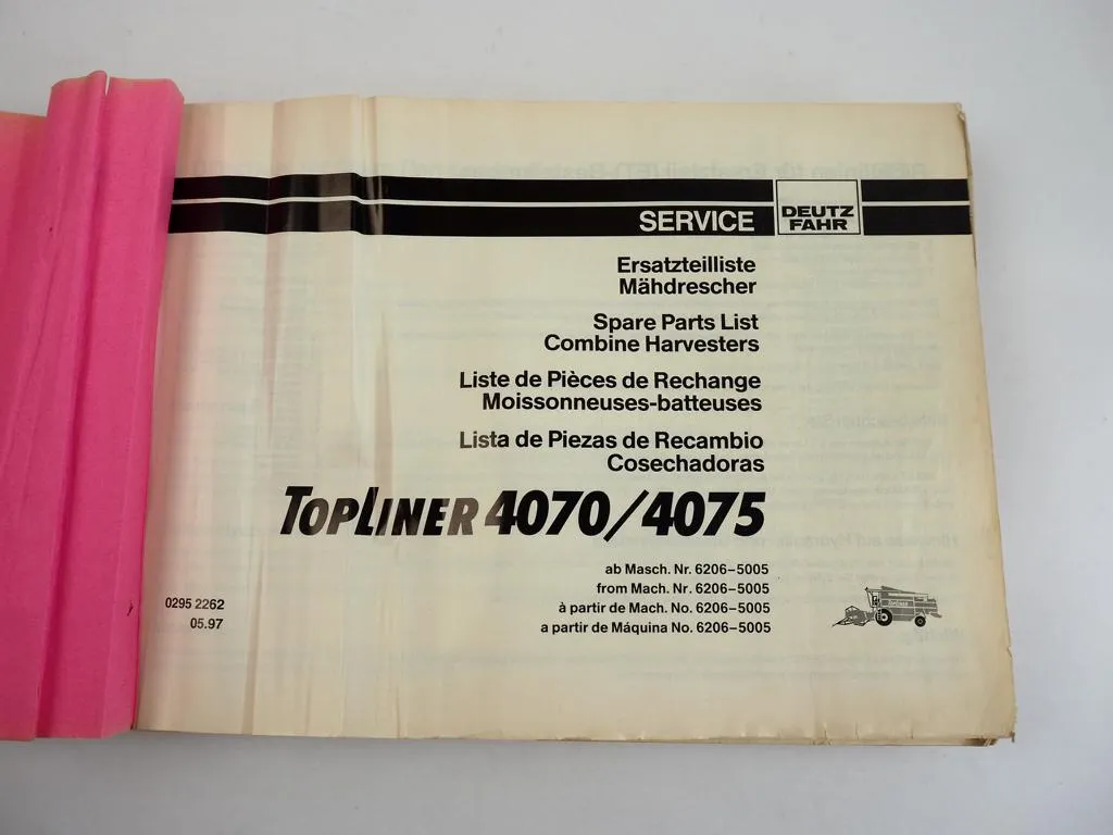 Deutz Fahr Topliner 4070 4075 Mähdrescher Ersatzteilliste Spare Parts List 1997