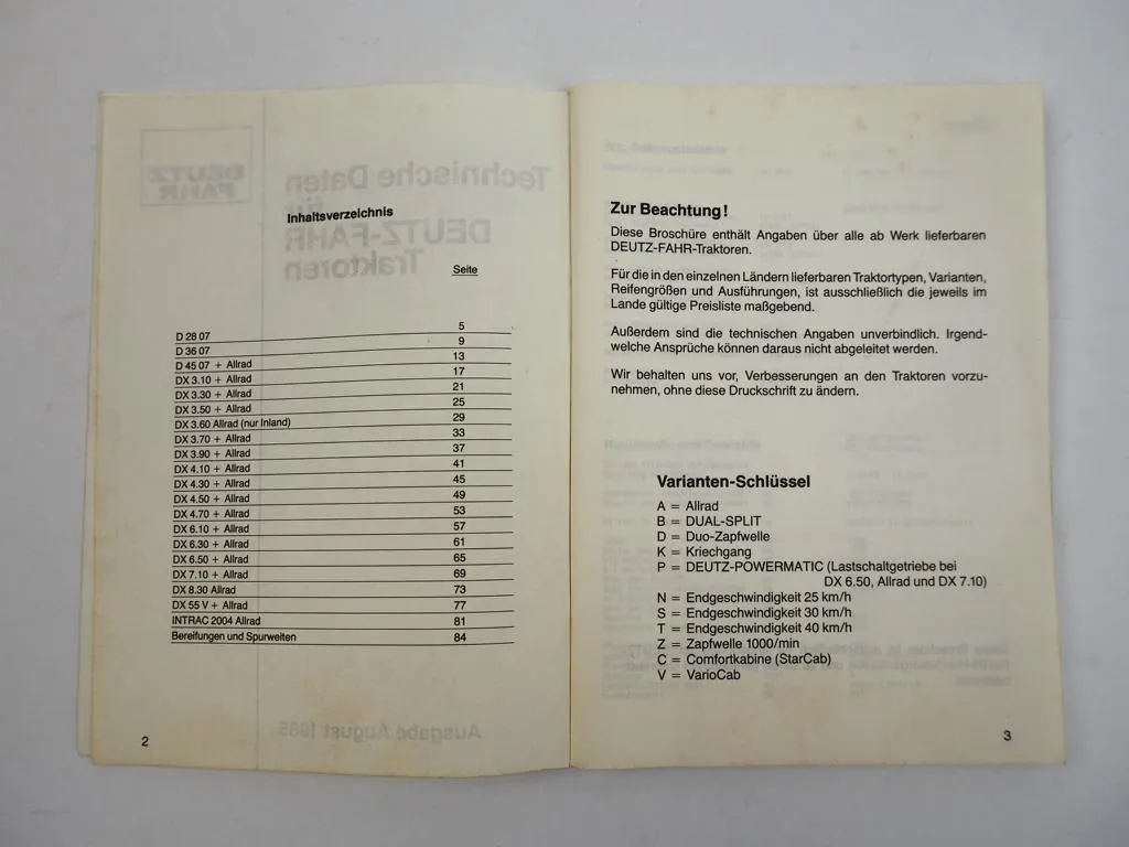 Deutz Traktoren Technische Daten 1985 D2708 - 4507 DX 3.10 - 3.90 4.10 - 7.10