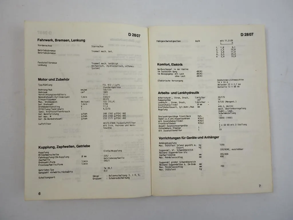 Deutz Traktoren Technische Daten 1985 D2708 - 4507 DX 3.10 - 3.90 4.10 - 7.10