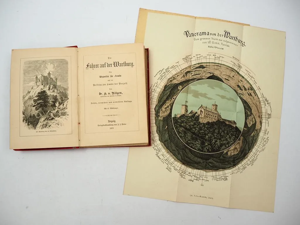 Die Wartburg Buch Hugo von Ritgen 1876 + Panoramakarte ca. 1870 Eisenach