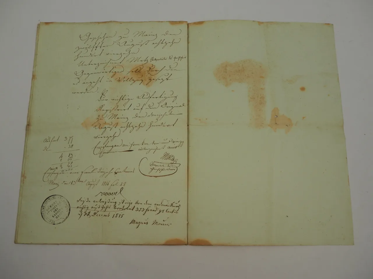 Dienstsiegel Stempel Mainz 1814 auf französischem Signettenpapier