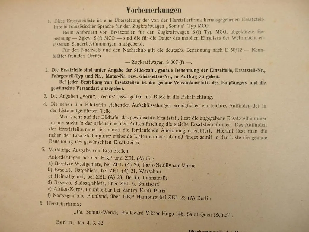 Dienstvorschrift D628/6 Ersatzteilliste Zugkraftwagen S307 Sumoa MCG Wehrmacht