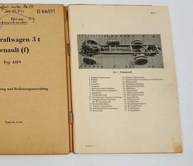 Dienstvorschrift D661/11 Renault AHN LKW 3 to Betriebsanleitung Wehrmacht 1944