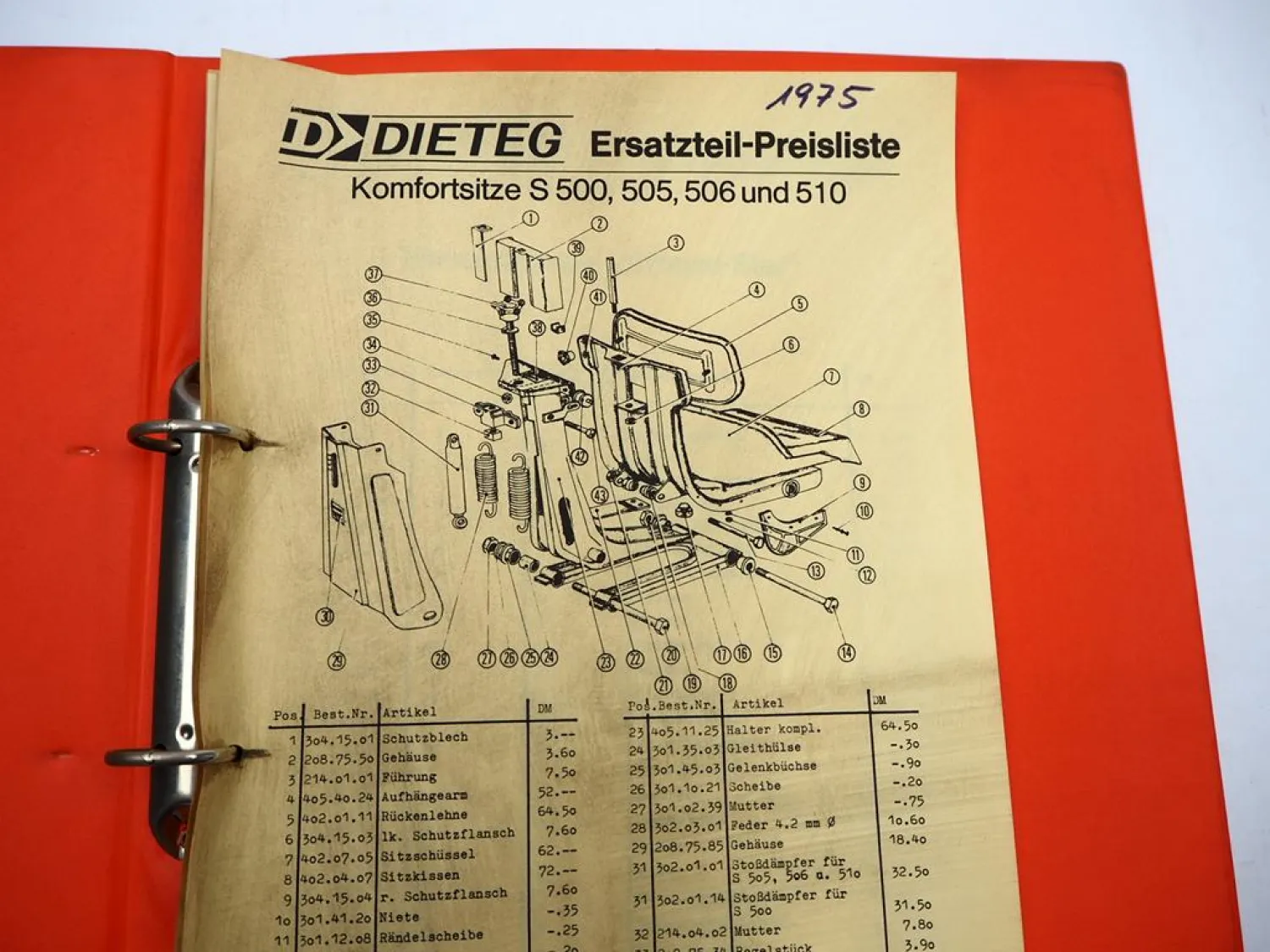 Dieteg S 500 505 506 Sitz F5001 F6001 F FP FPK 8000 Verdeck Ersatzteilliste 1975