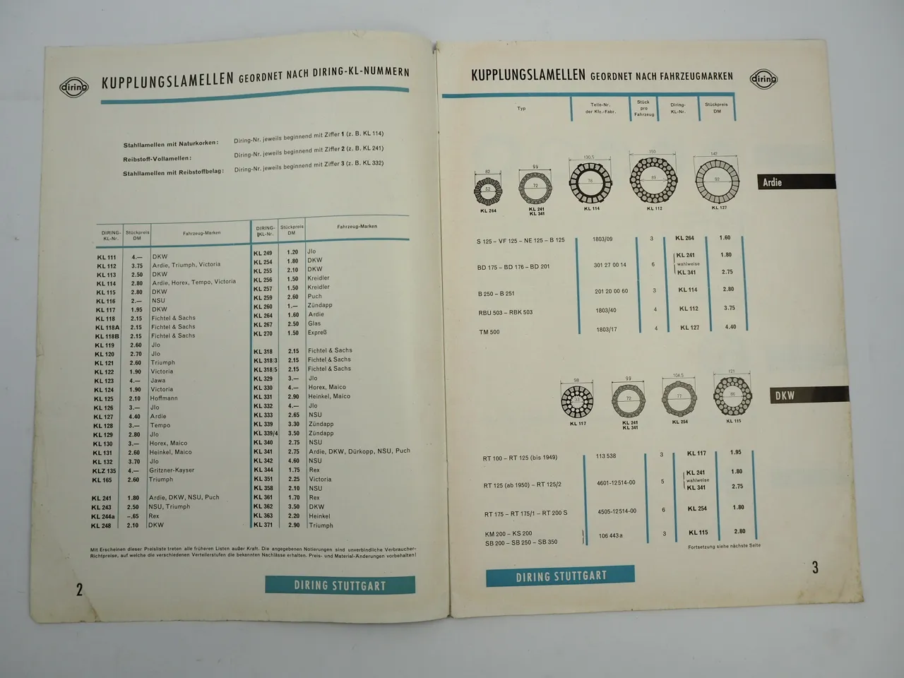 Diring Dichtungen Ersatzteile Katalog für Motorräder Roller Mopeds 1950er Jahre