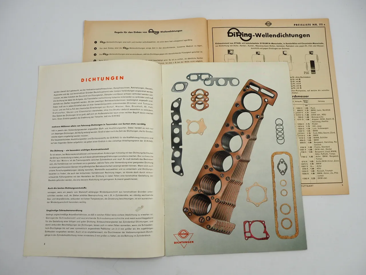 Diring Dichtungen für PKW Motorräder Schlepper Prospekt Katalog 1950er Jahre