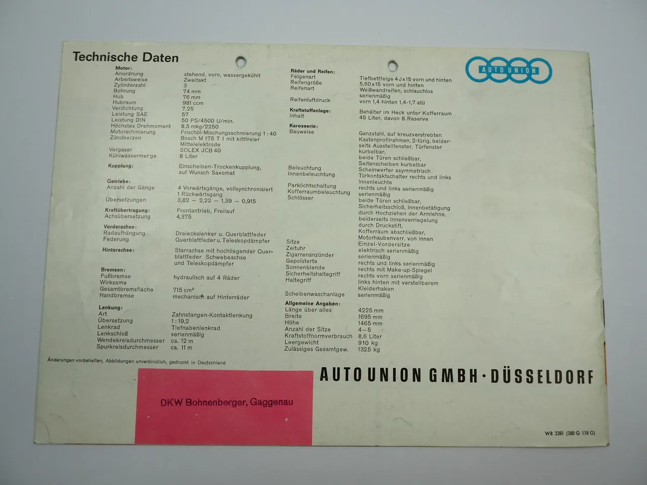 DKW Auto Union 1000 S Coupe 50 PS Prospekt 1950er Jahre