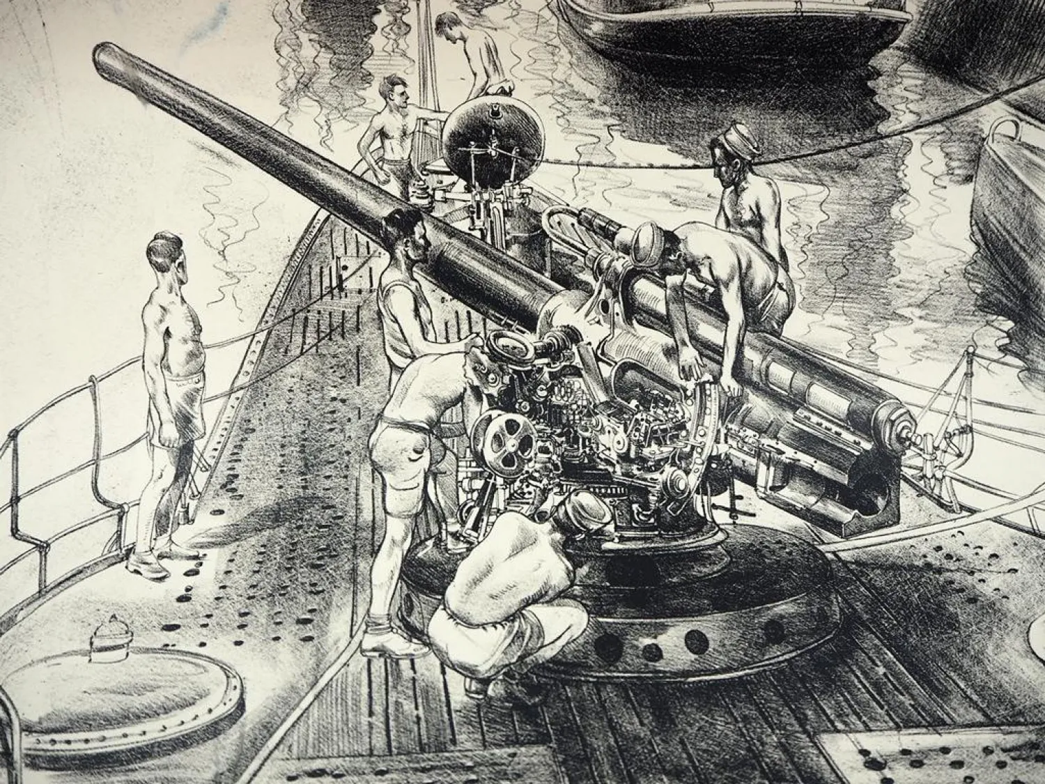 Druckgrafik Josef Arens Italienische U-Boote Deutsche Vorpostenboote La Pallice
