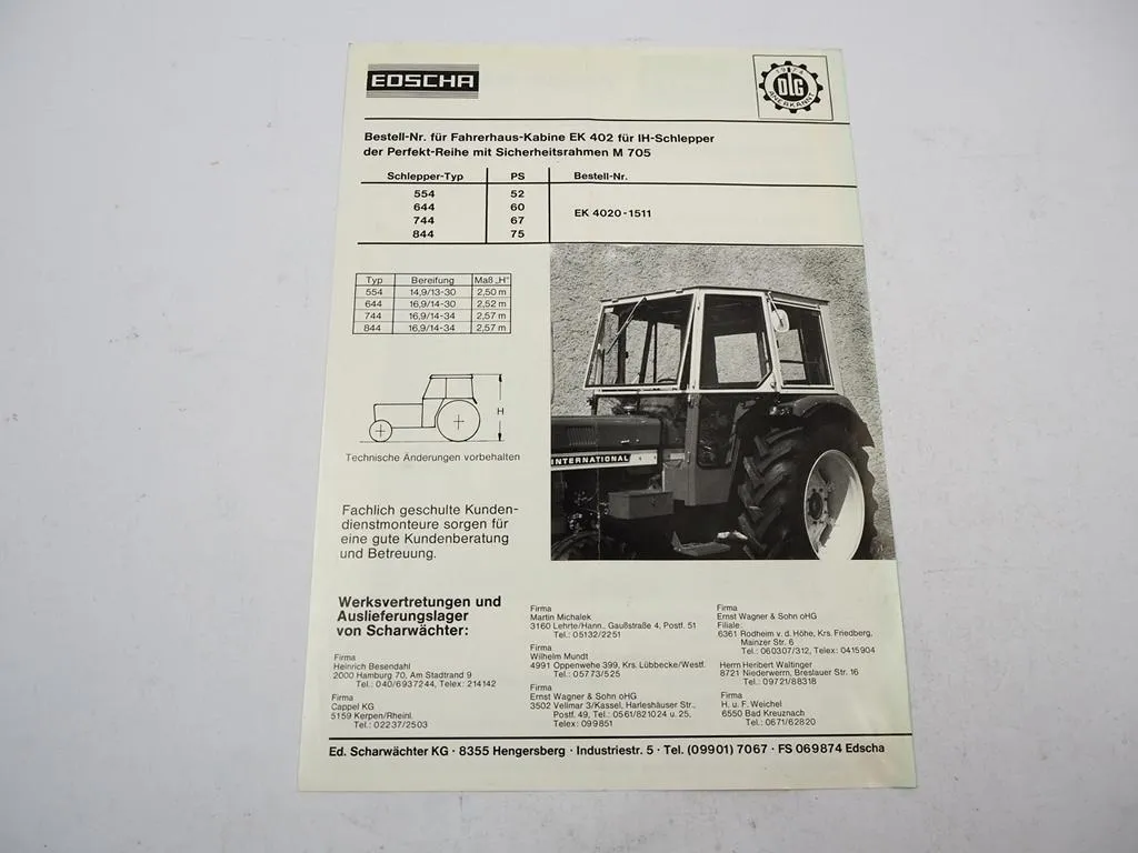 Edscha Fahrerhaus Kabine EK402 für IHC Traktor 554 644 744 844 Prospekt 1975