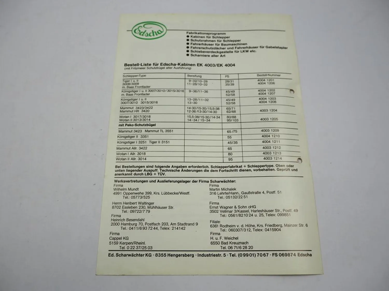 Edscha Kabine EK 4003 4004 für Eicher Schlepper Tiger Mammut Wotan Prospekt