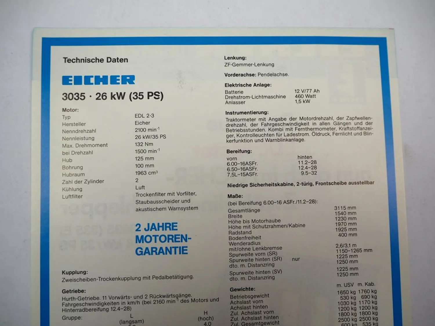 Eicher 3035 335E Schlepper mit Motor Zweizylinder EDL Prospekt 1980er Jahre