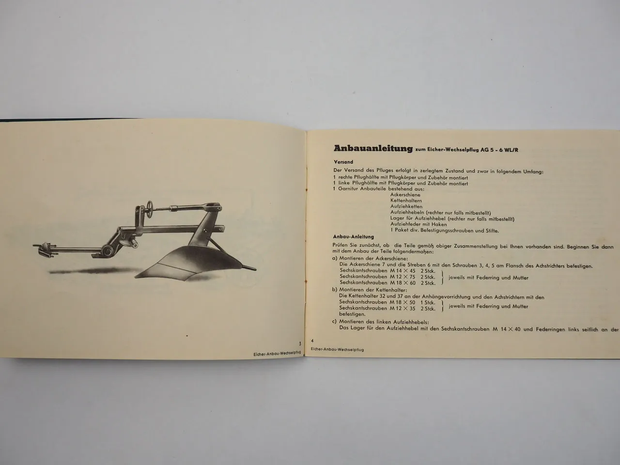 Eicher AG 5-6 WL/R Wechselpflug Anbauanleitung Betriebsanleitung Ersatzteilliste