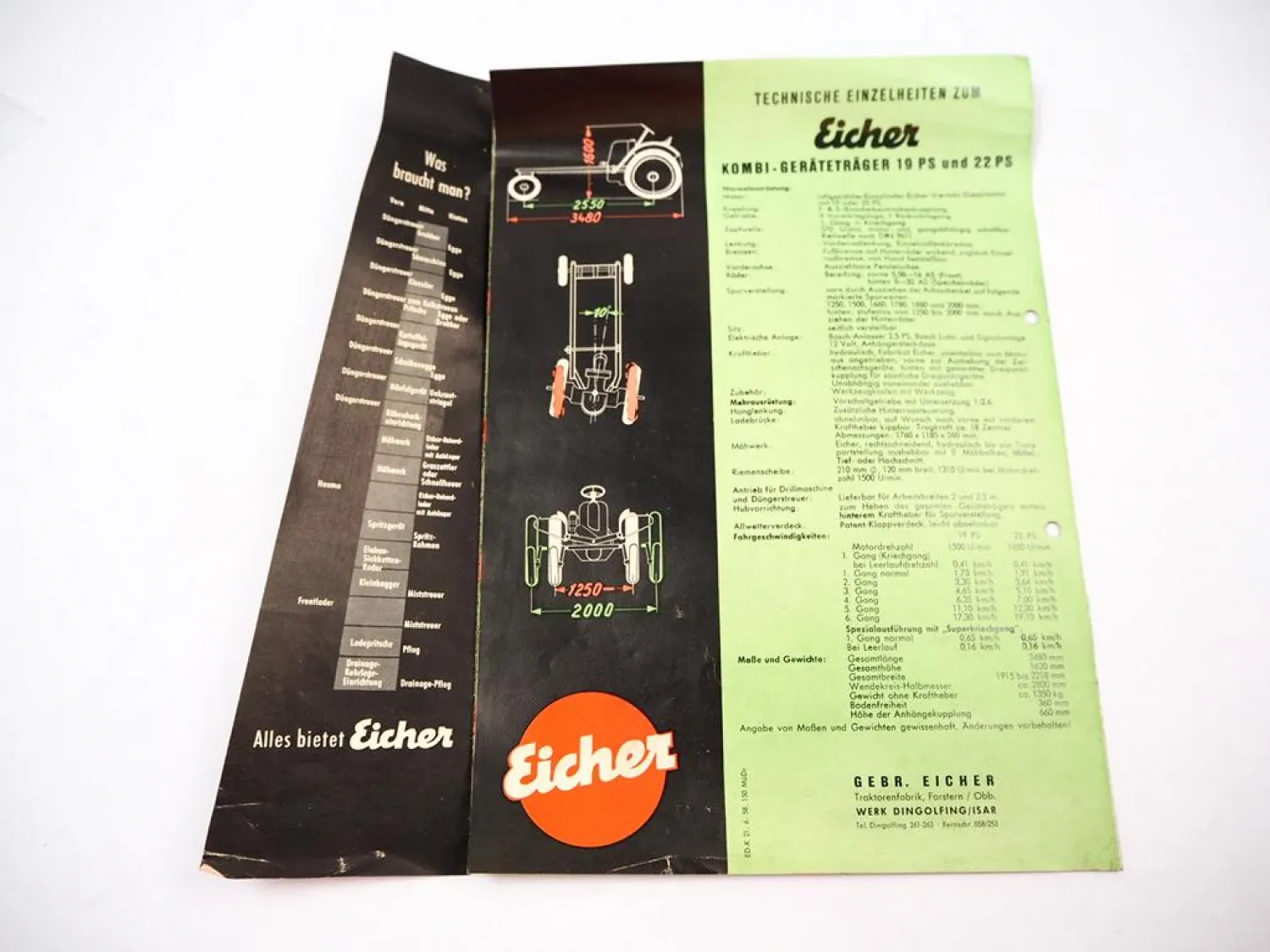 Eicher G19 G22 Kombi Geräteträger 19 / 22 PS 1958 Prospekt mit technischen Daten