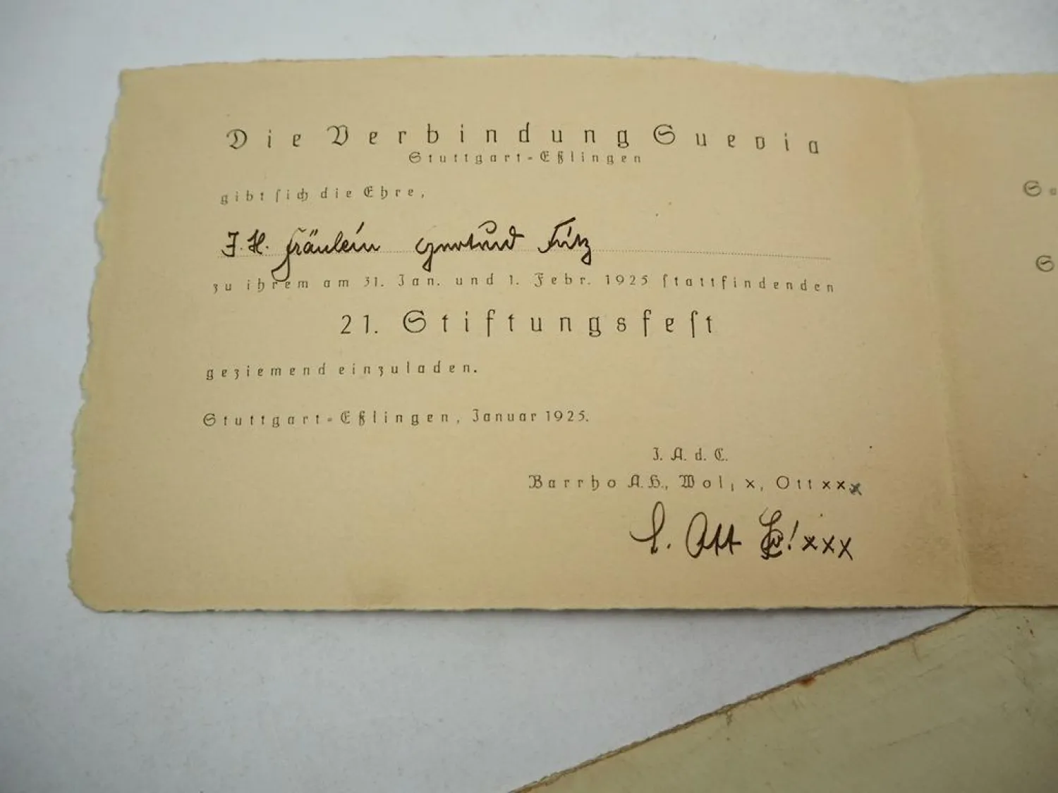 Einladung 21. Stiftungsfest Studentenverbindung Suevia Stuttgart Esslingen 1921