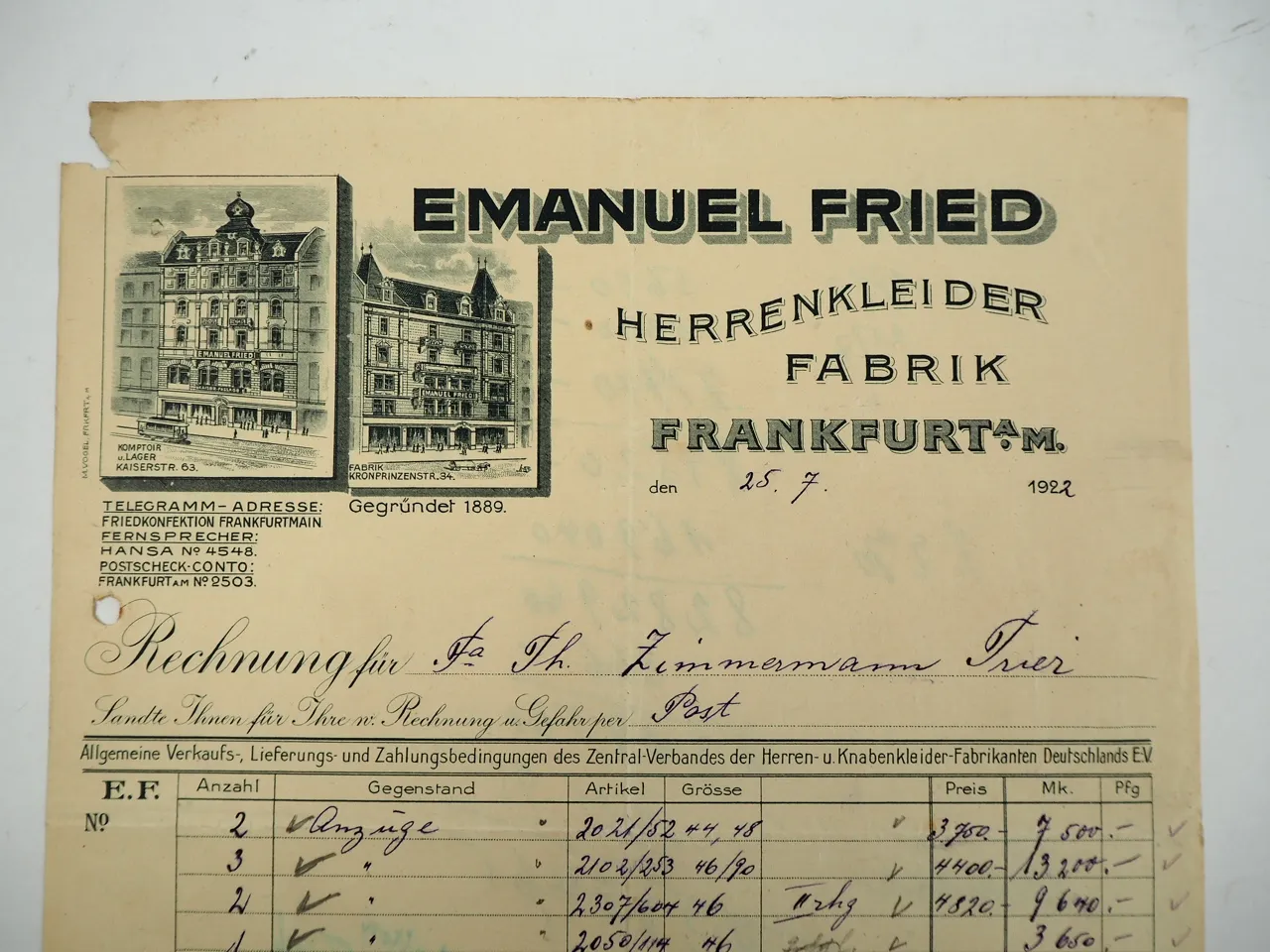 Emanuel Fried Frankfurt Herrenkleiderfabrik Rechnung 1922
