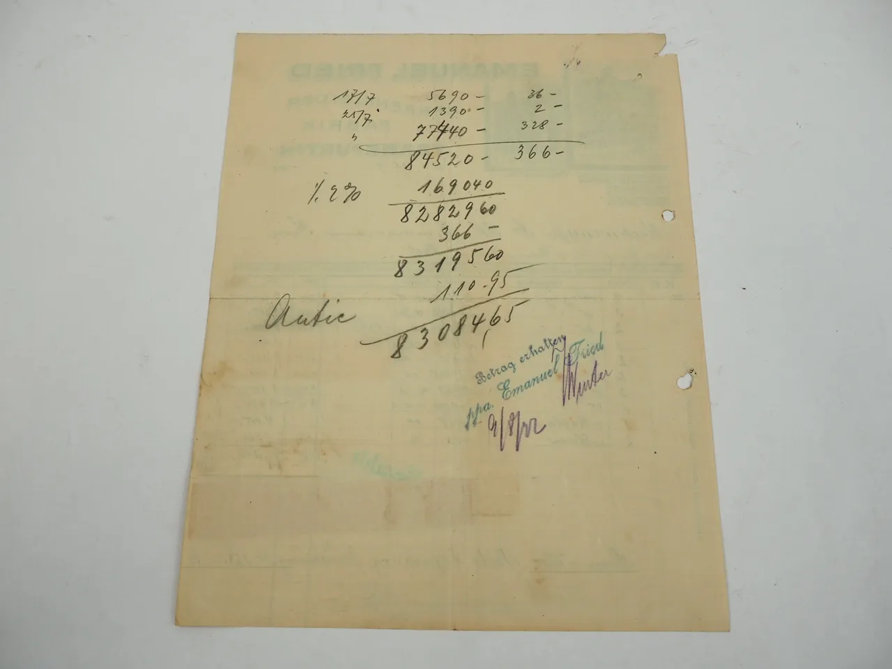 Emanuel Fried Frankfurt Herrenkleiderfabrik Rechnung 1922